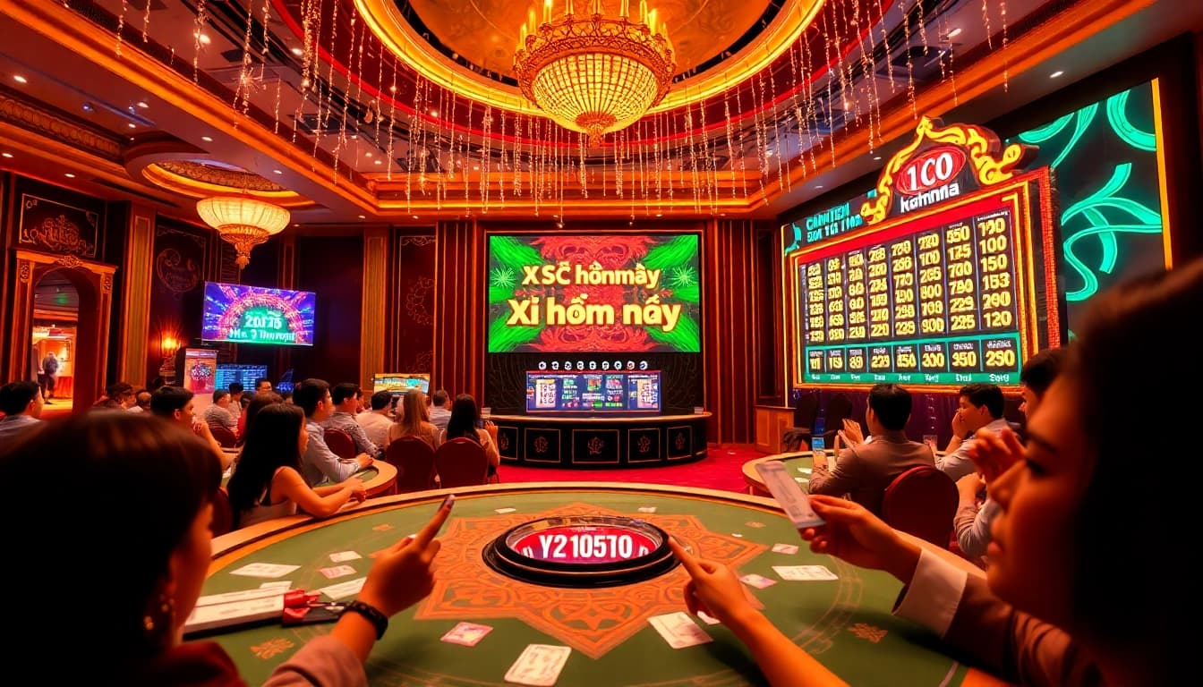Xổ số hôm nay lottery draw event showcasing excitement, winning tickets, and luxurious casino ambiance.