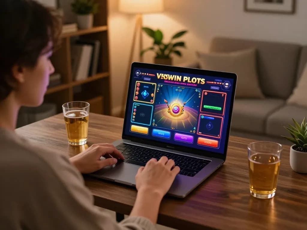 Engaging in vswin slots gameplay on a laptop in a cozy home setup, showcasing responsible entertainment.