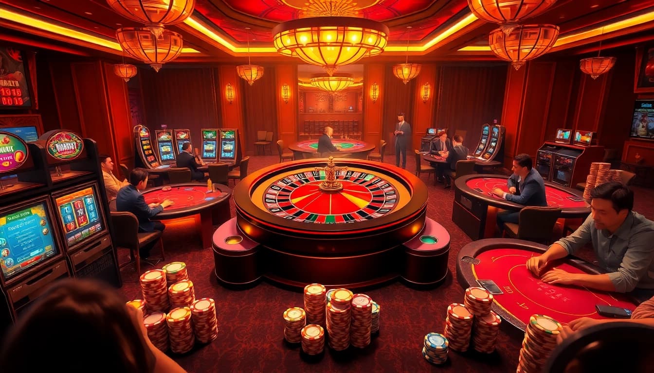 Experience the thrill of gambling at lu88bb.com with a vibrant casino scene featuring tables and roulette wheels.