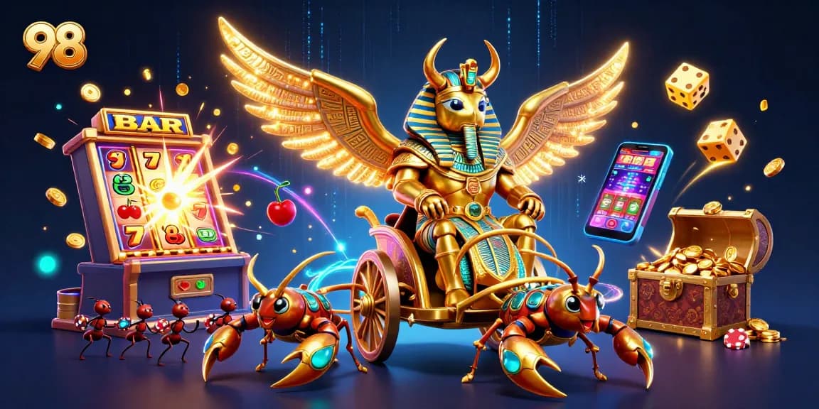 Join the excitement at 98 with a vivid 3D casino illustration full of gaming elements.