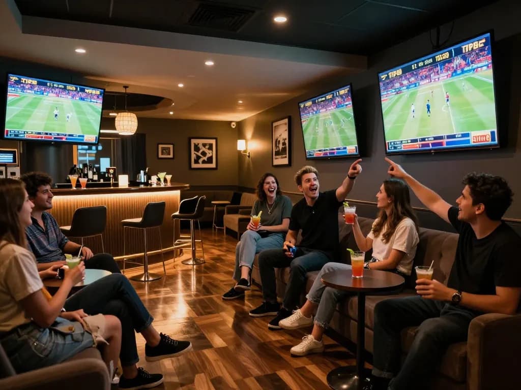 Excited sports bettors enjoying the live action at TIP88's upscale lounge.