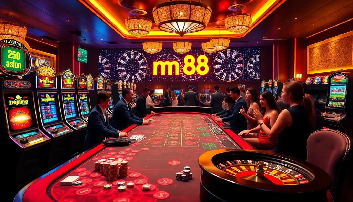 Engaged players betting big at MM 88 casino with vibrant gaming tables and exciting atmosphere.