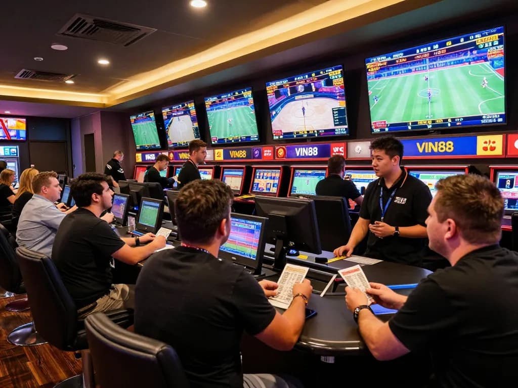 VIN88 sports betting scene with bettors excitedly placing wagers and live games on display.
