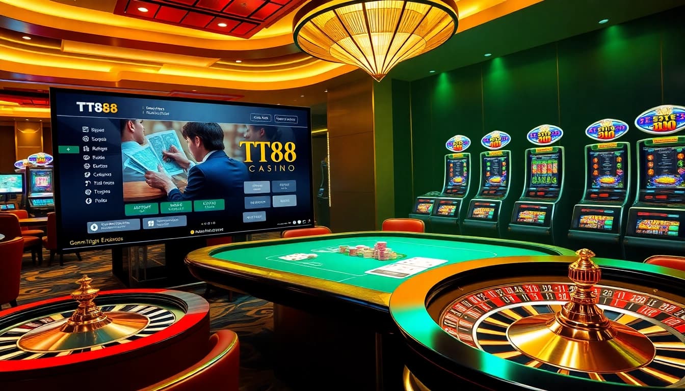 Experience thrilling TT88 gameplay at a luxurious casino with vibrant poker and slot action.