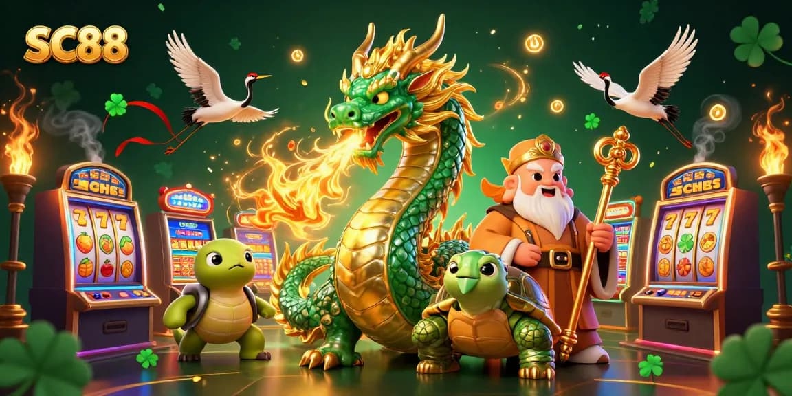 Engage with thrilling SC88 slot machines, featuring unique dragon and turtle characters for a rich casino experience.