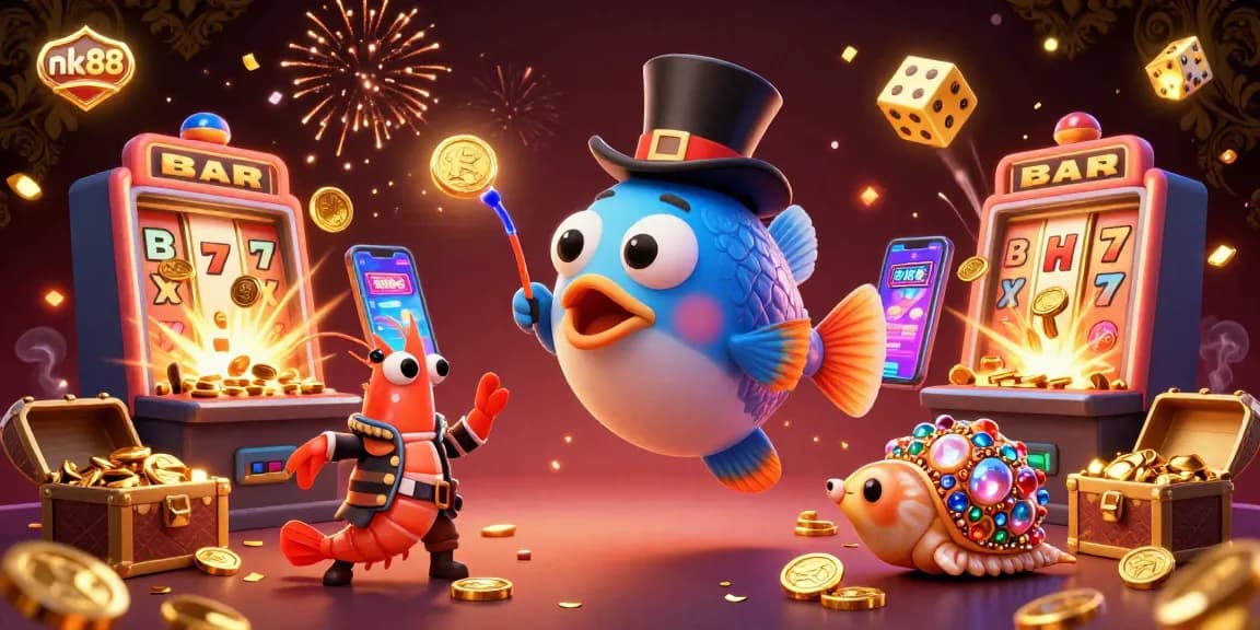 Experience thrilling wins with nk88's vibrant 3D deep-sea casino scene featuring slot machines and glowing treasures.