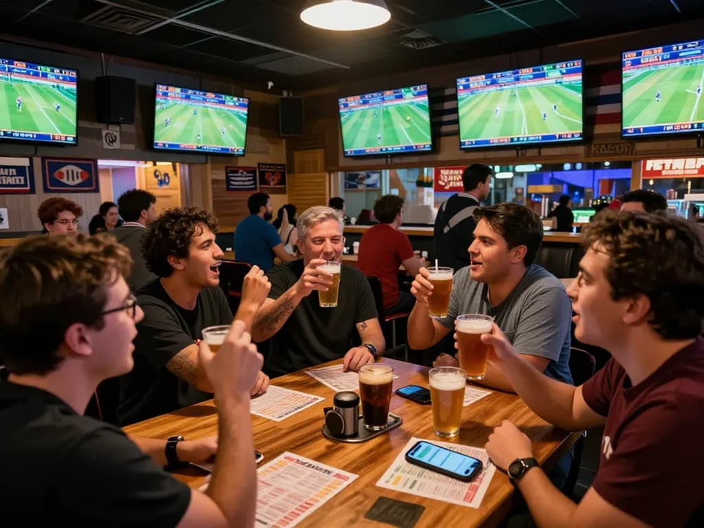 Sports fans celebrating bets at a lively sports bar highlighting kèo nhà cái excitement.