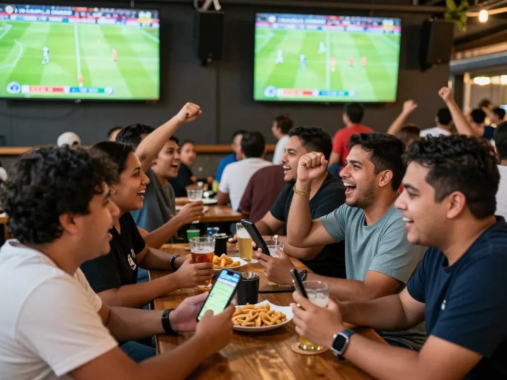 Excited fans celebrating bola piala dunia 2026 while placing bets at a lively sports bar.