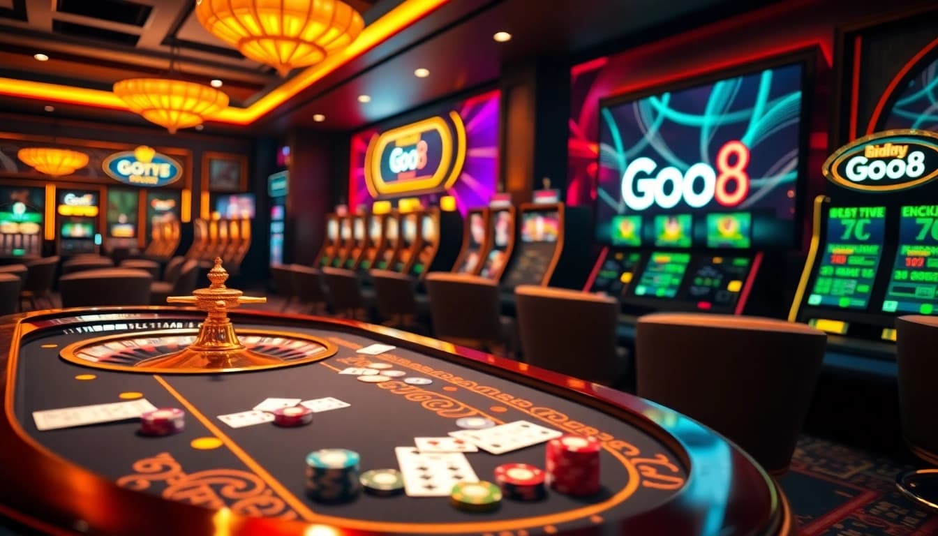 Go8 casino experience with vibrant gaming tables, poker chips, and exciting online elements.