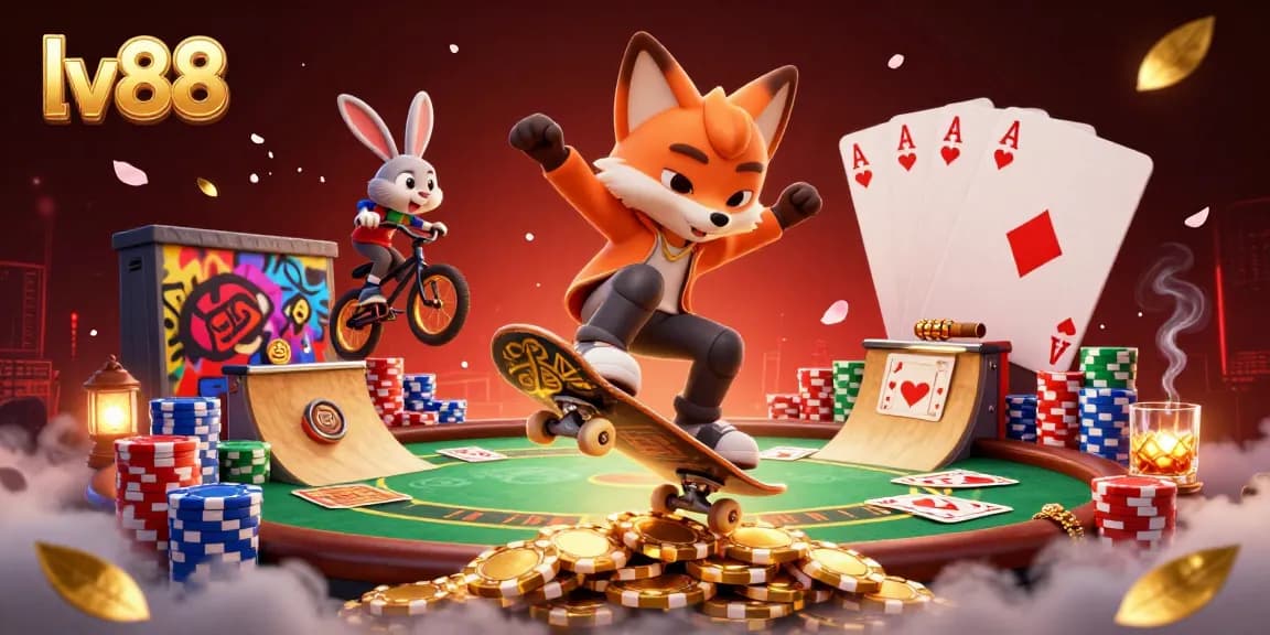 Experience the thrill of lv88 with a dynamic casino scene featuring a skateboarder fox and a BMX rabbit.