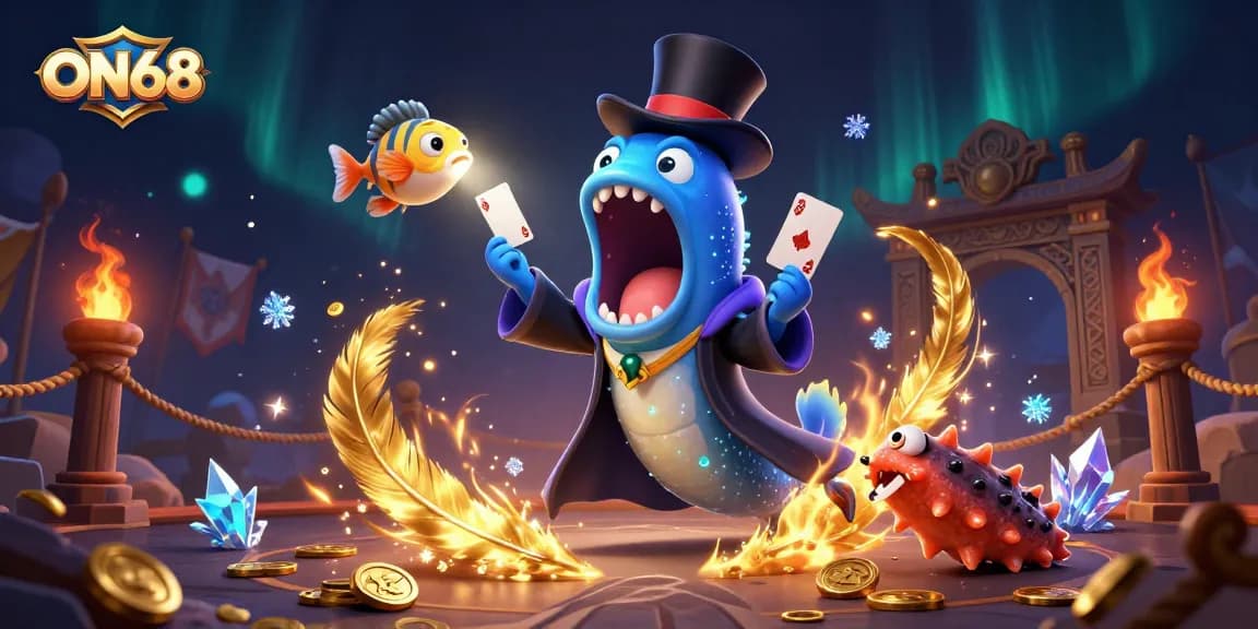ON68 features a bioluminescent eel magician in action, showcasing casino elements and vibrant energy.