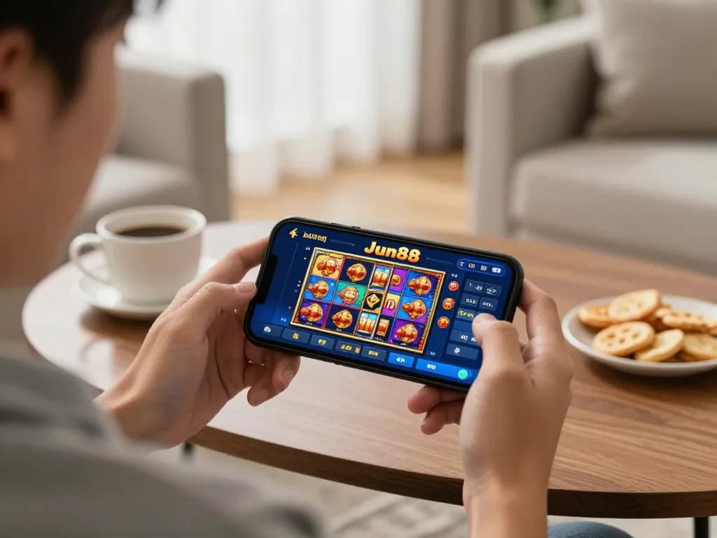 Engaged player using the Jun88 app on smartphone for mobile gambling experience.