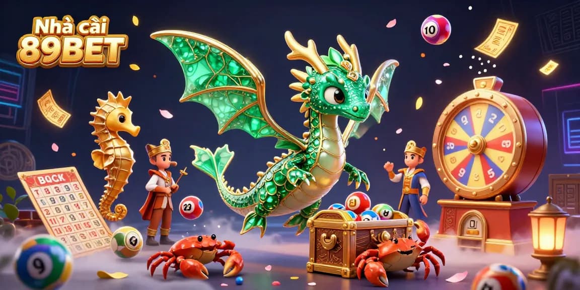 Experience the thrill of Nhà cái 89BET with a vibrant illustration showcasing winning lottery elements and a majestic sea dragon.