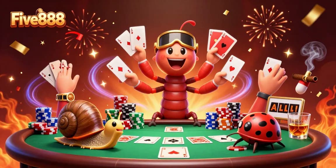 Engage with Five888 at a vibrant casino scene showcasing a millipede dealer and winning card hands.