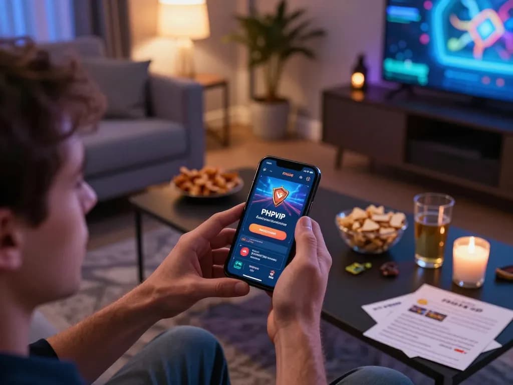 PHPVIP player enjoying a smartphone gaming experience in a stylish living room while focusing on responsible gambling.
