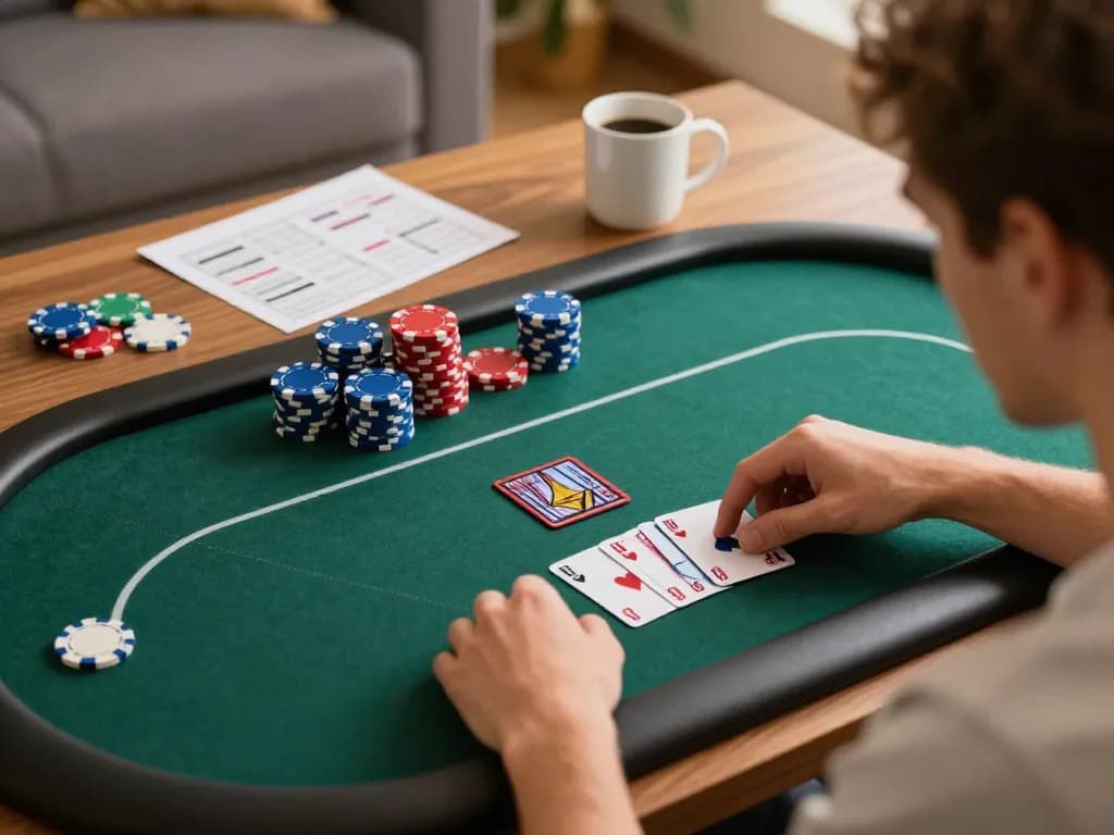 Engaged player strategizing in Uk88 online poker game from a cozy home setup.
