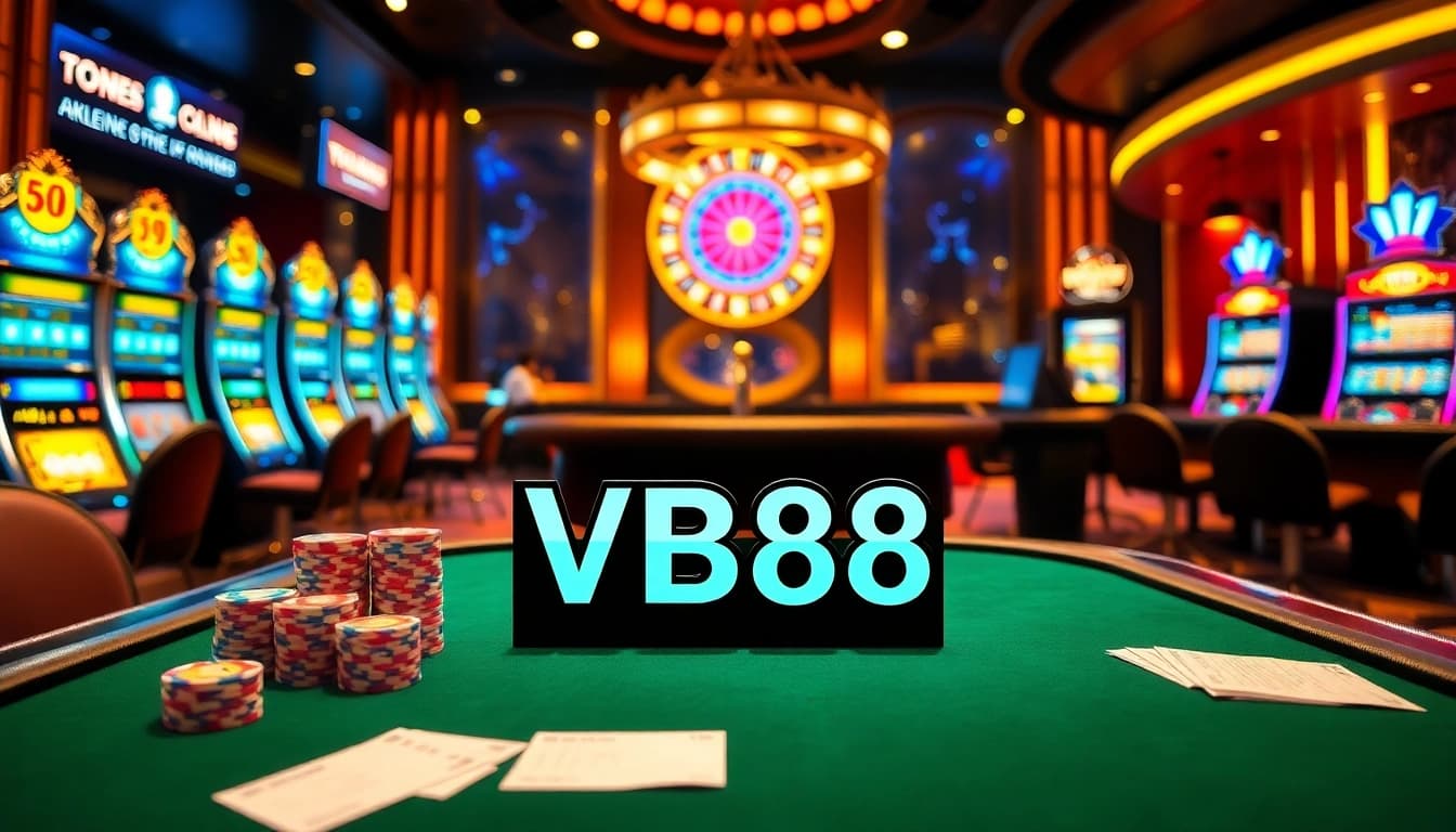 Engaging gamblers at a vibrant casino table featuring VB88 logo, poker chips, and roulette wheel.