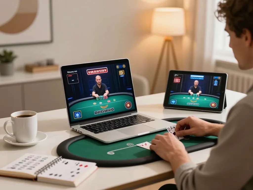 O8 player strategizing poker gameplay at home, enhancing winning through online casino experience.
