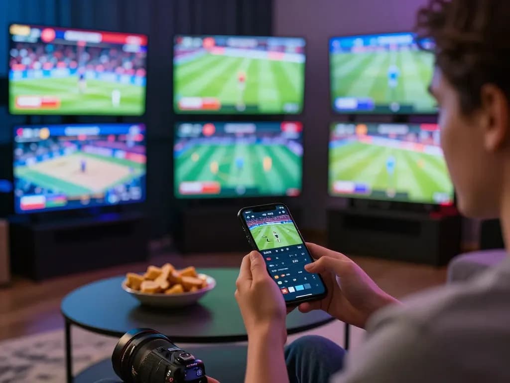 Excited user engaging in sports betting on smartphone, tracking ty le keo nha cai in a modern home setting.