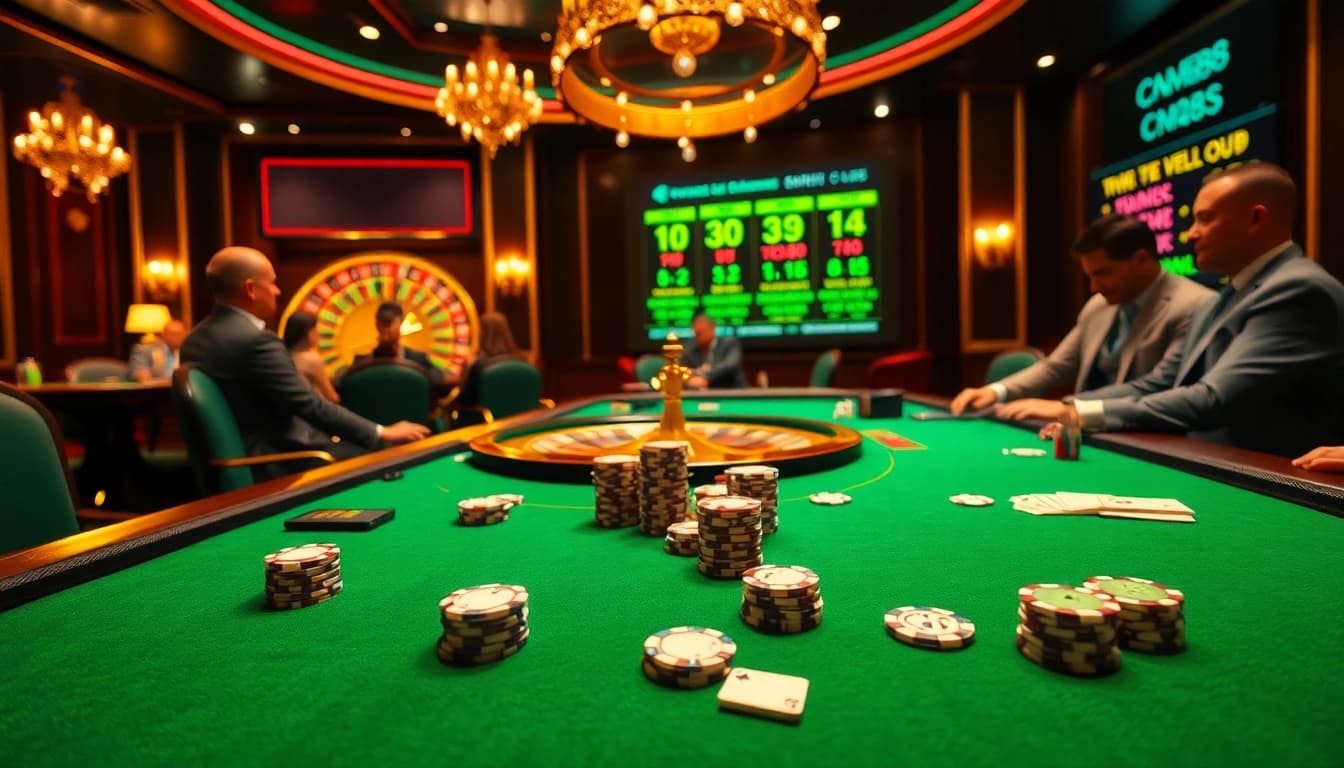 Engage in high-stakes poker with CM88 chips at a luxurious casino table.