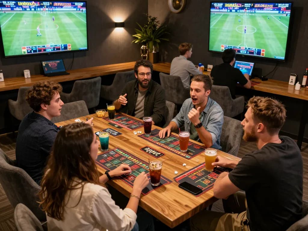 Friends placing bets in a lively sports betting lounge at 9bet, excitement in the air