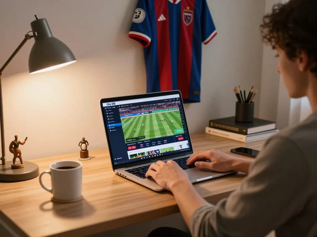 Engaging in Đăng ký Sky88 for online sports betting on a laptop in a cozy home office.