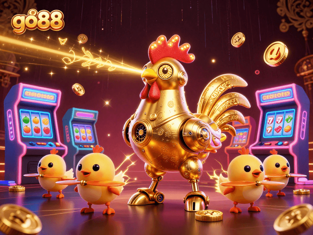 Experience the excitement of go88 with a vibrant 3D illustration featuring retro-futuristic casino elements.