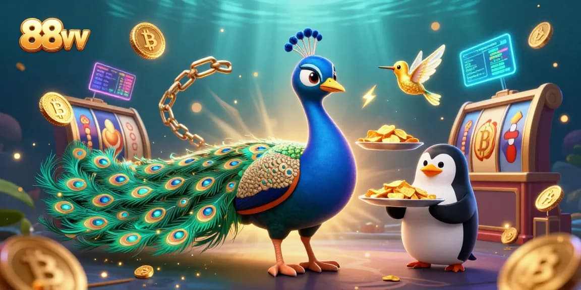 Engage with 88vv's vibrant online casino experience featuring a peacock and penguin surrounded by exciting game elements.