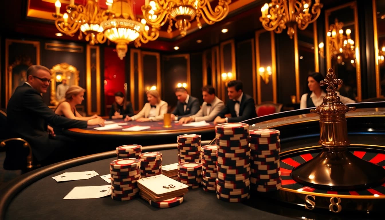 S8 poker chips stack high on a luxurious casino table amidst a thrilling gaming atmosphere.