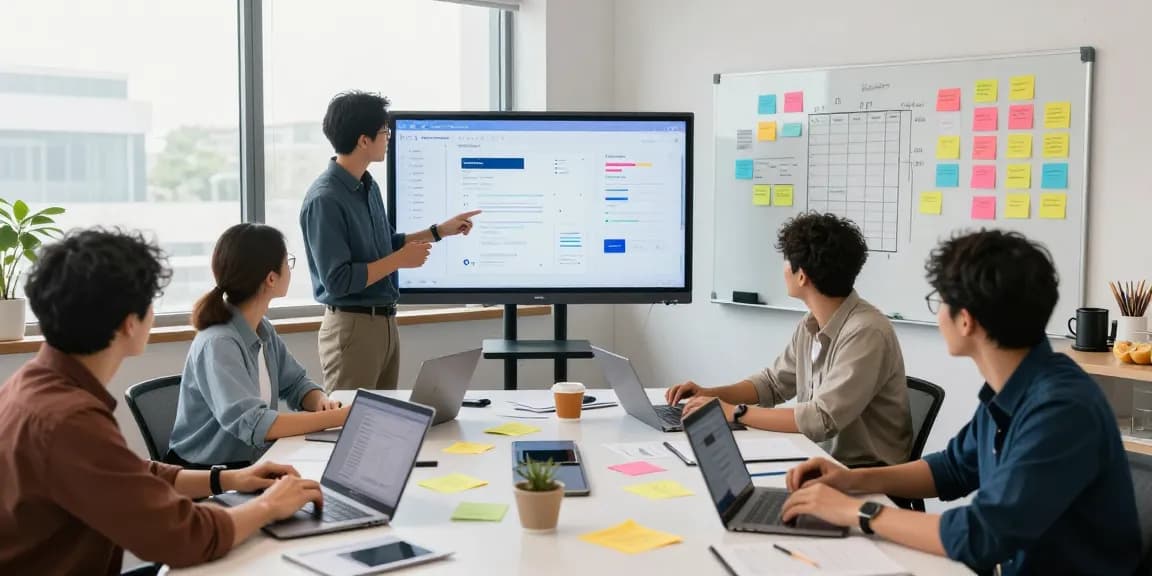 Build internal tools with AI in a collaborative workspace, showcasing team members engaging in a productive meeting with laptops and prototypes.