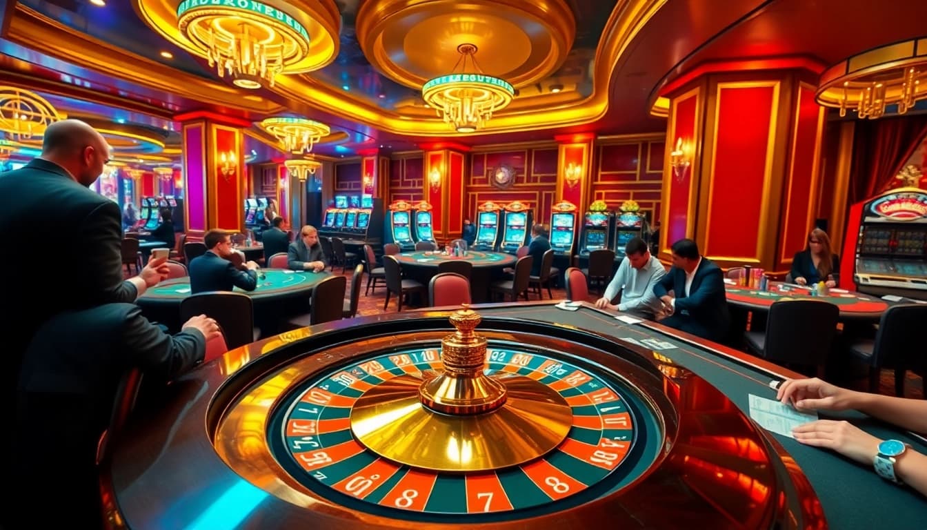 Experience the thrill of casino games at kubetz.dev with a luxurious atmosphere featuring roulette and poker tables.