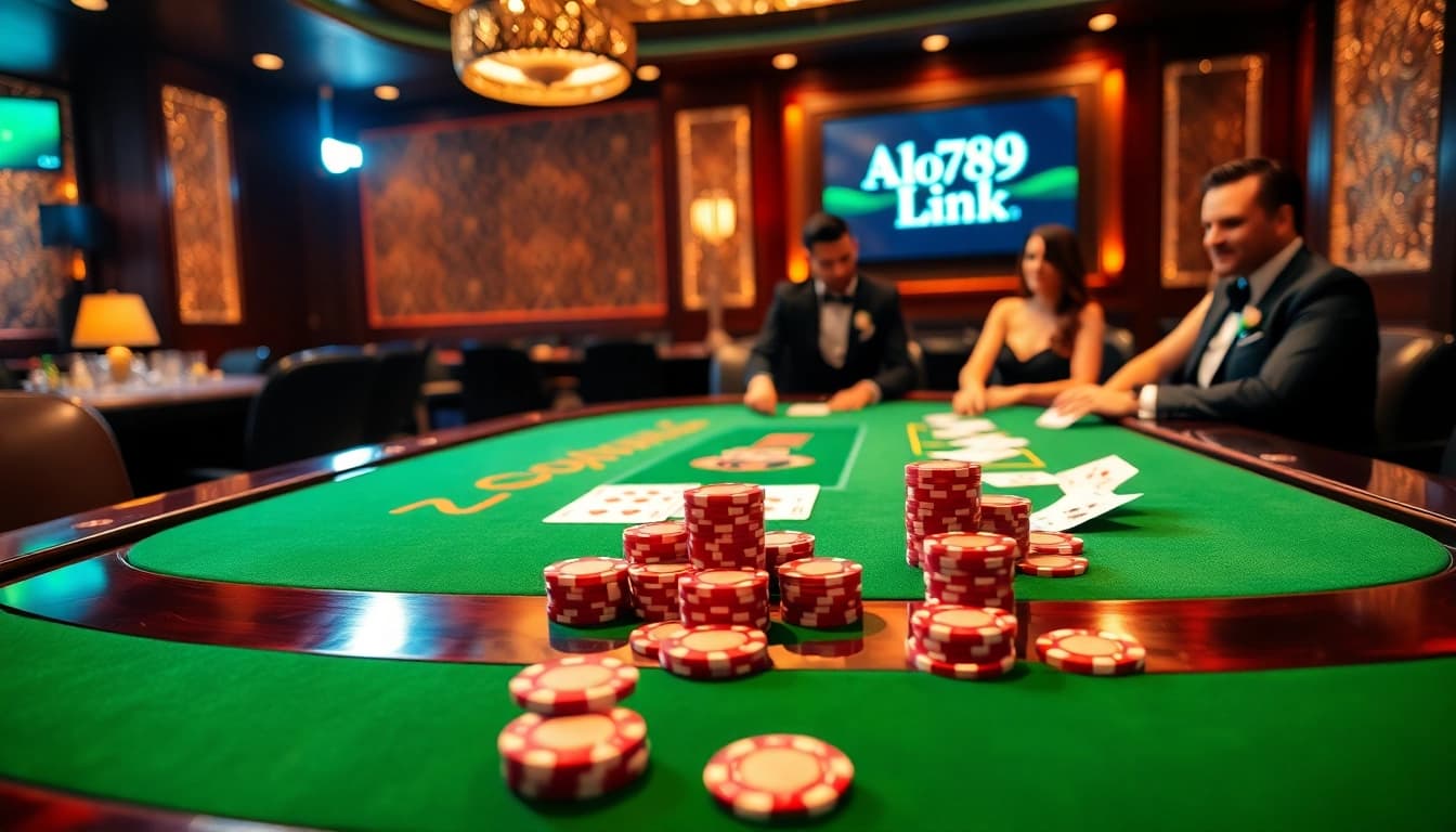 A thrilling poker game with Alo789 Link logo in an upscale casino atmosphere.