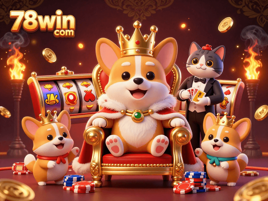 Engage with thrilling gaming at 78win com, featuring a corgi on a throne surrounded by vibrant slot reels and poker elements.