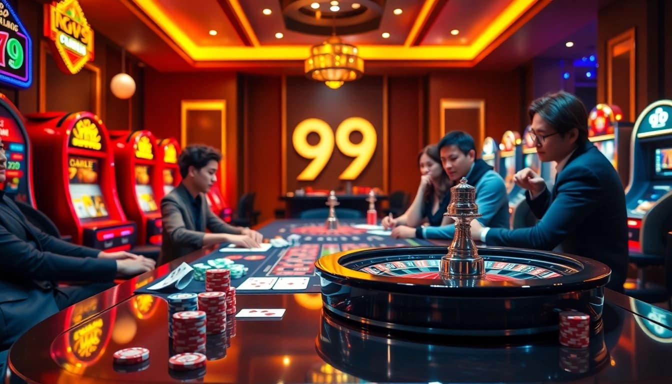 Excited gamblers engaging in a thrilling game at a luxurious casino with go 99 themed elements.