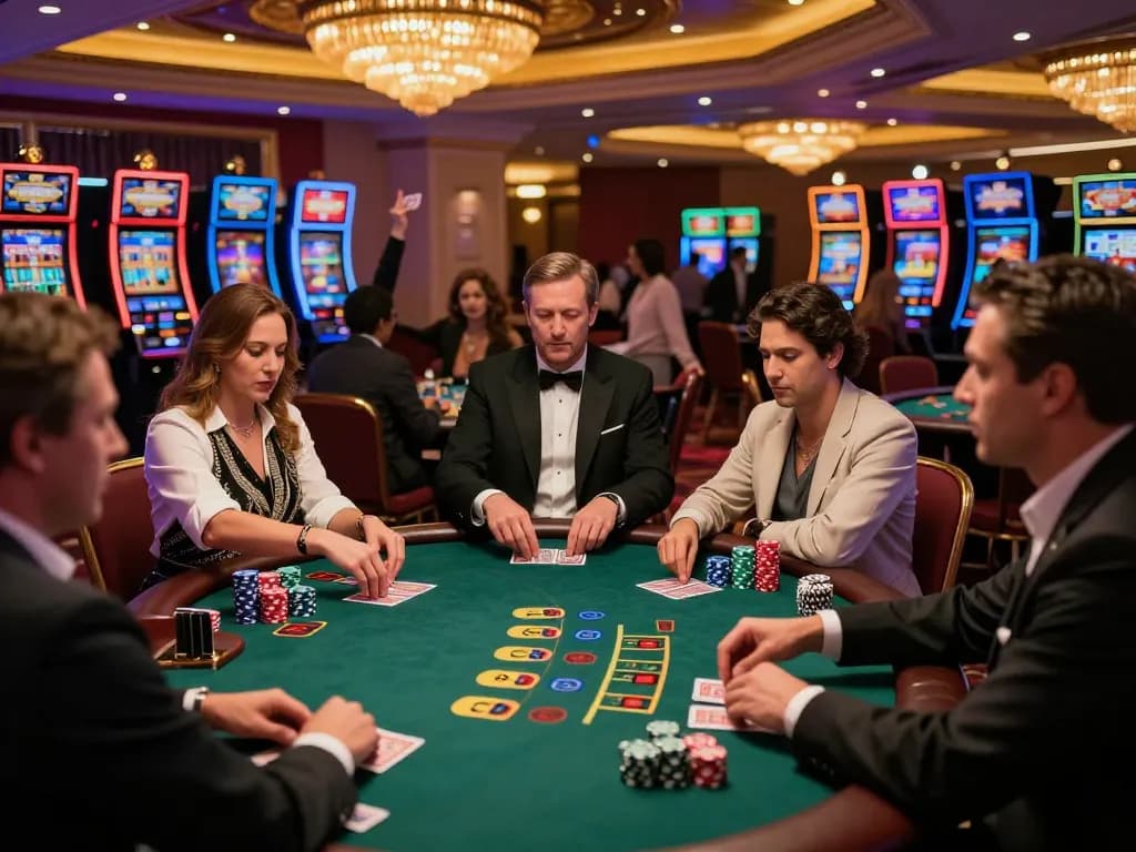 Engaging blackjack game at cm88 casino, players in action with dealer at table.
