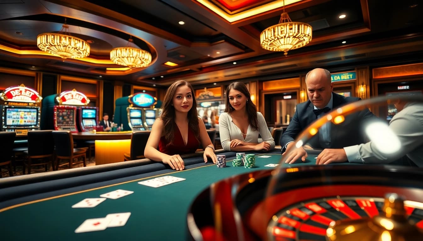 Players enjoying DE BET at an upscale casino poker table, surrounded by colorful chips and roulette wheels.