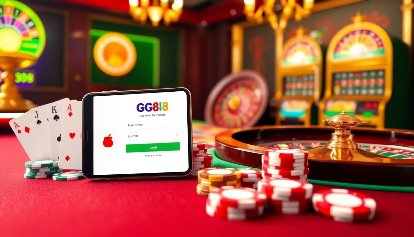 Engaging GG88 login mobile interface with casino chips and cards in a stylish environment.