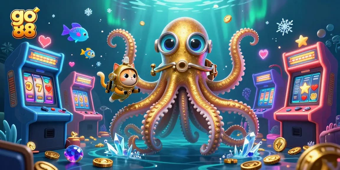 Experience go 88's thrilling casino adventure with a vibrant kraken, diving cat, and dynamic gambling elements.