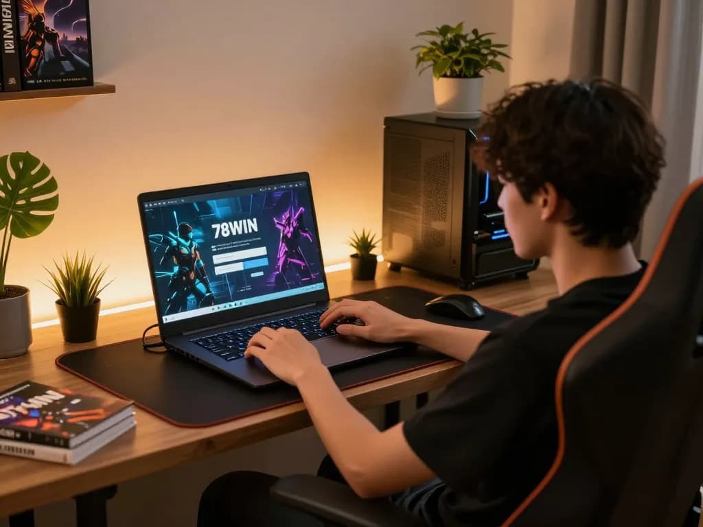 Logging into 78win đăng nhập on a sleek laptop at a cozy home office, showcasing modern gaming.