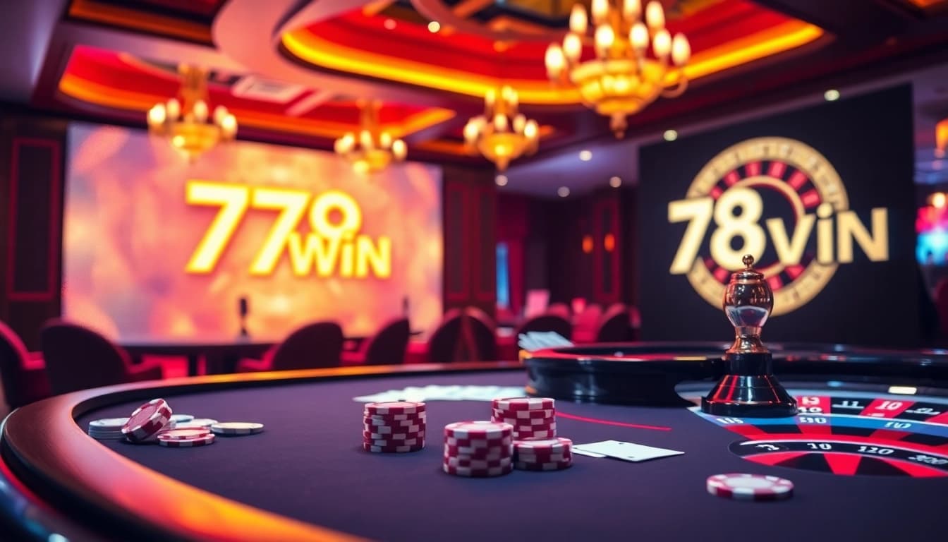 A vibrant casino scene highlighting 78 Win with stylish poker chips, cards, and a roulette wheel.