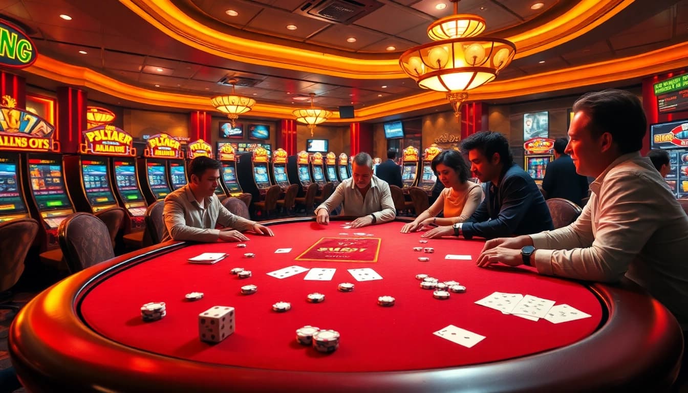 79KING players enjoying high-stakes poker at a vibrant casino table amidst colorful slot machines.