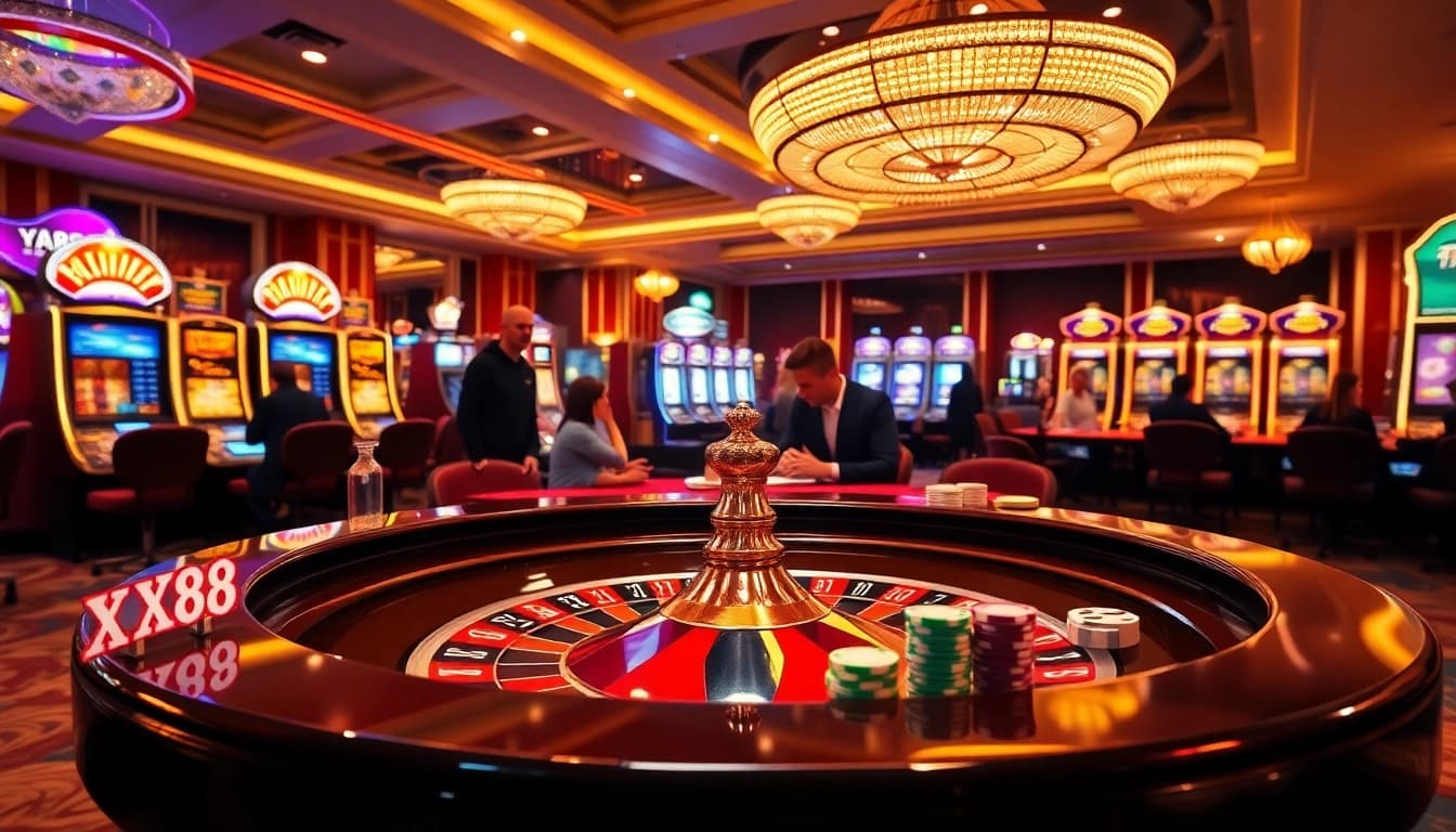 Experience the vibrant atmosphere of xx88 com, featuring excited players at a luxurious casino with roulette and slot machines.