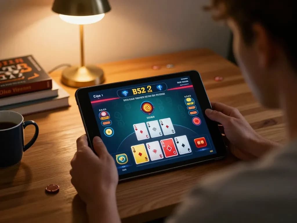 B52 CLUB player enjoying live blackjack on a tablet, emphasizing strategic online gaming experience.