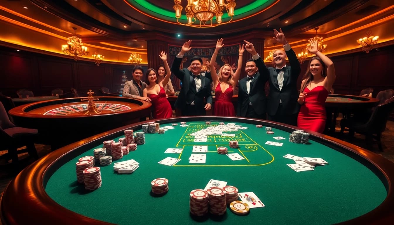 Engage with thrilling gameplay at oxbet7.com with a vibrant casino scene featuring poker tables and roulette wheels.