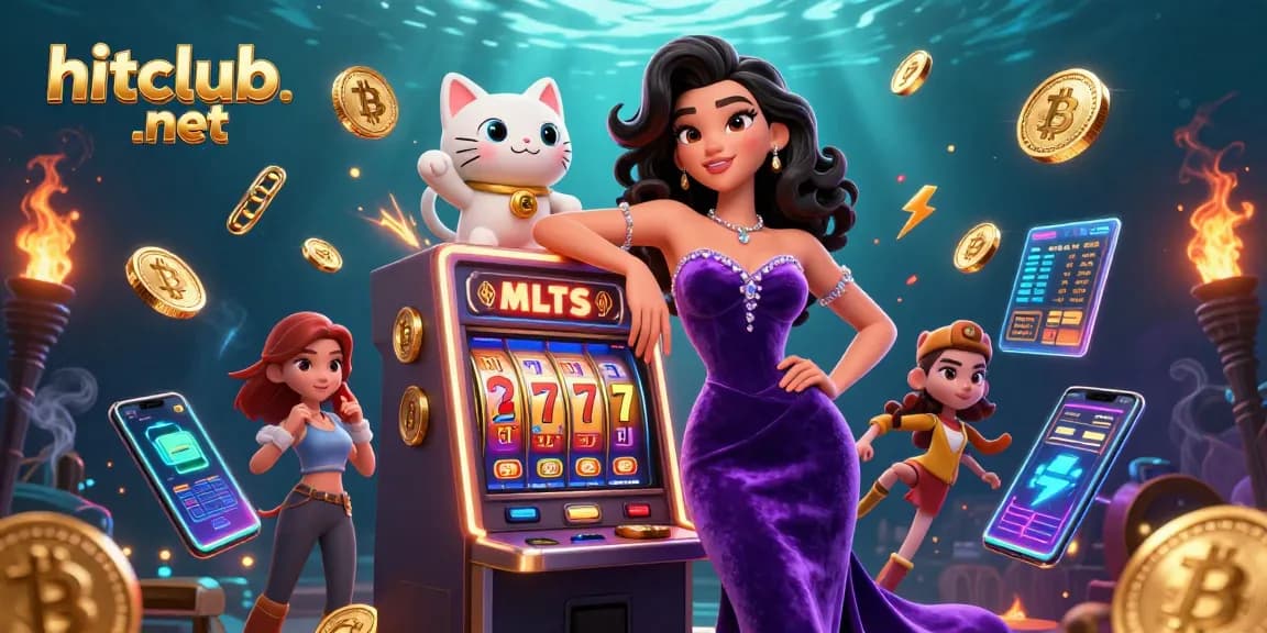 Engage with hitclub-net's thrilling slot machine scene featuring jackpots and crypto elements