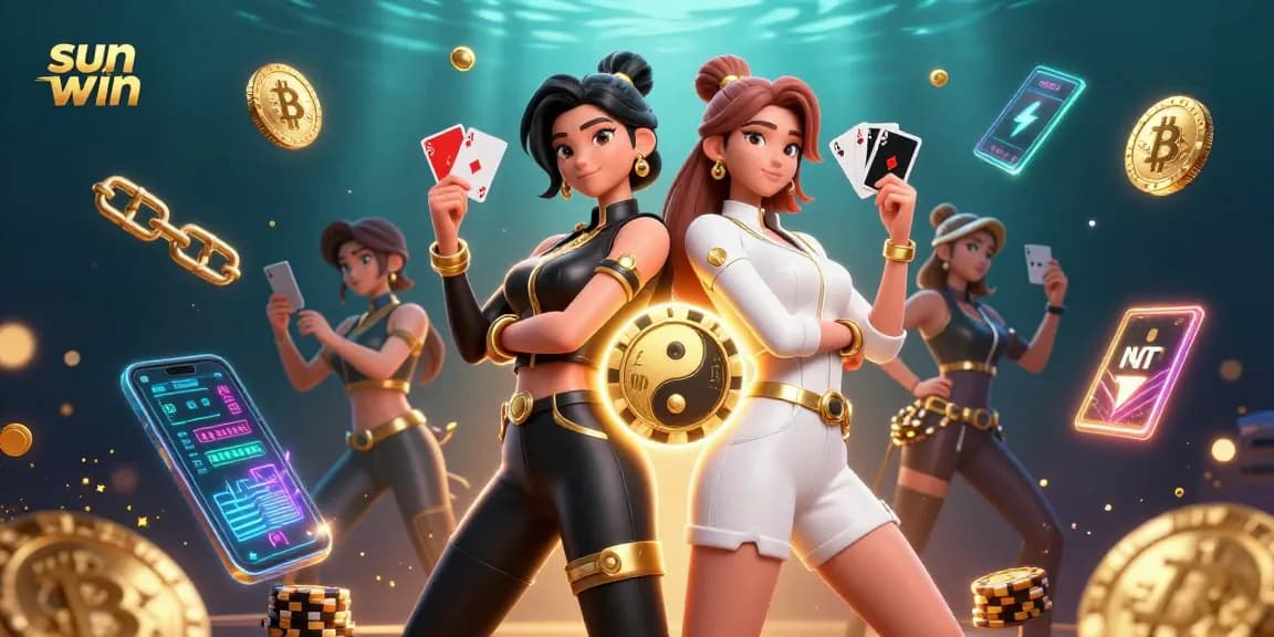 Experience thrilling games at sun win with dynamic visuals of Asian twin women and casino elements.