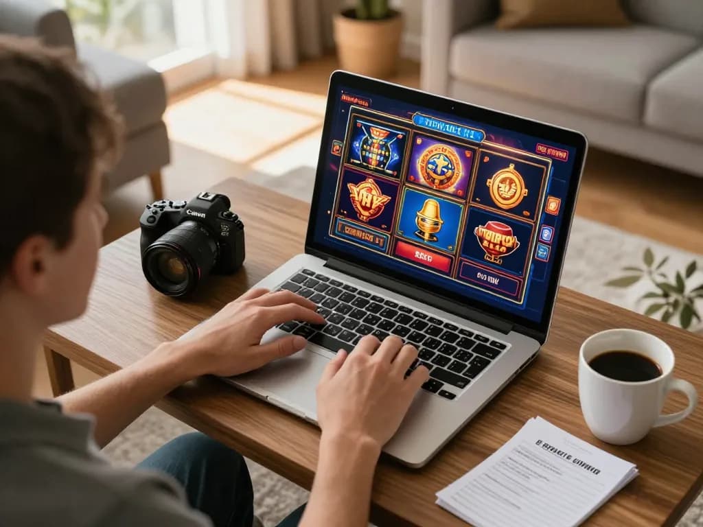 Experience online gaming at home with ALO8 slots on a laptop, showcasing exciting gameplay.