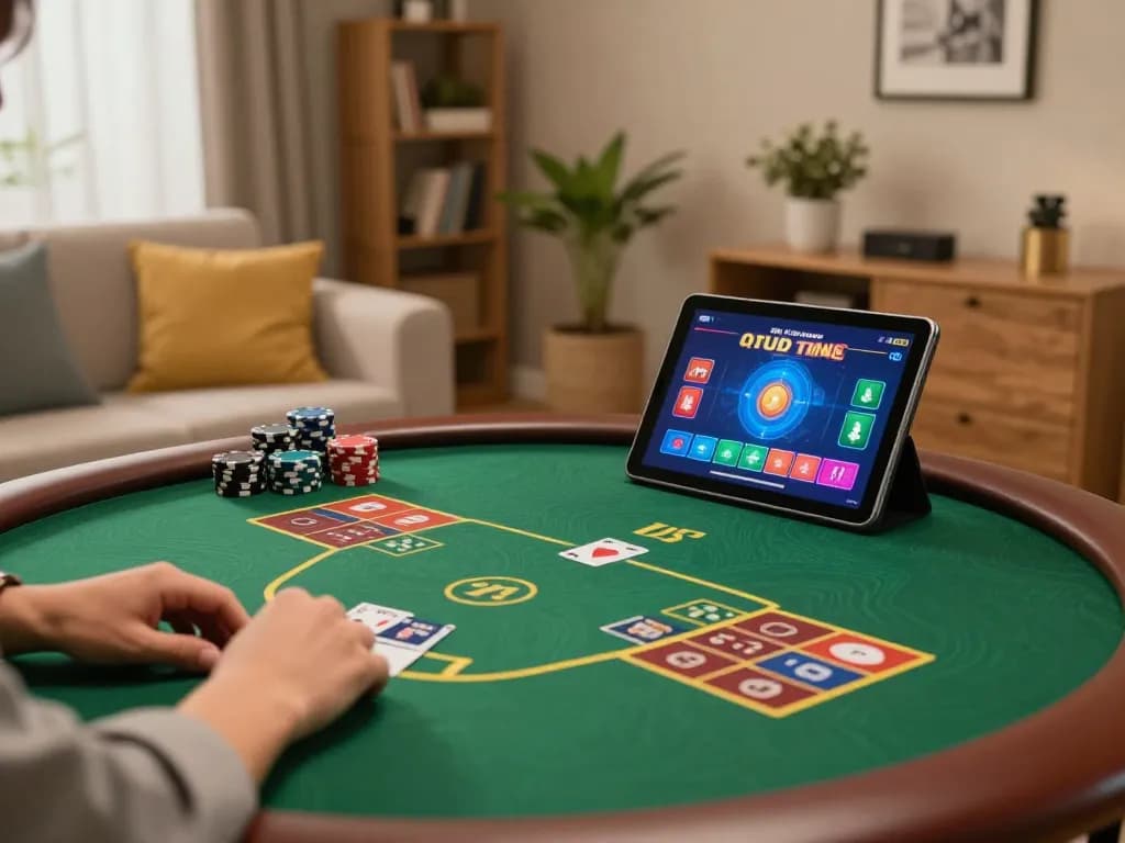 A player enjoying an exciting online poker game with ALO8 on a tablet in a cozy setting.
