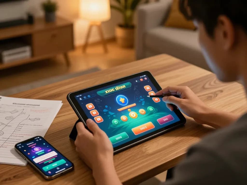 xóc đĩa gameplay on a tablet in a cozy home setting with strategic notes