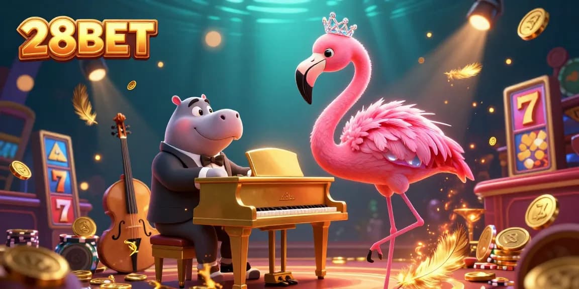 Join the fun at 28BET with vibrant casino vibes featuring a flamingo singer and hippo bassist.